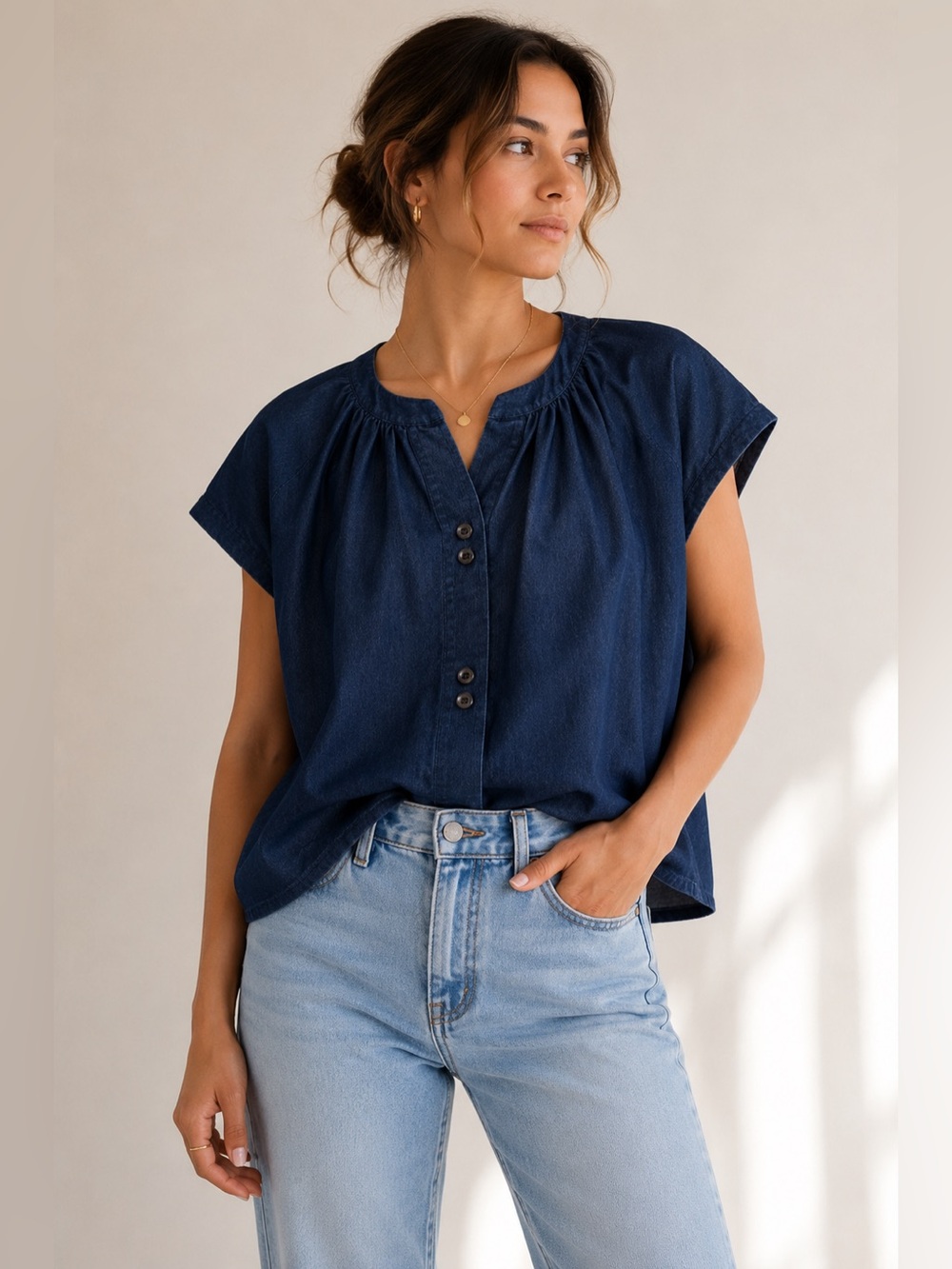 SBJ Austin Oversized Denim Button Down Pleated Neck Top Size 1/2 Small Medium